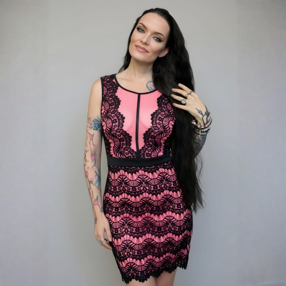 ALT B ✦ Pink Black Lace Bodycon Mini Dress ✦ Sheer Bust Panel w/ Zip Back S EUC